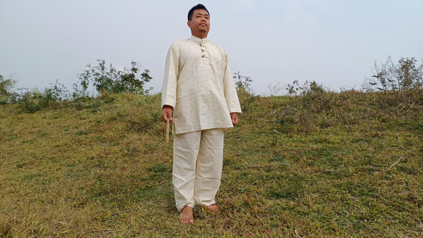 Custom- Made YOGI Men's Organic Indian Khadi Cotton YogaCloth Set,Natural Fabric Breathable Straight Kurta And Pyjama Meditation/Prayer Robe