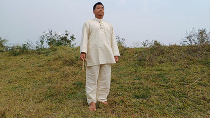 Custom- Made YOGI Men's Organic Indian Khadi Cotton YogaCloth Set,Natural Fabric Breathable Straight Kurta And Pyjama Meditation/Prayer Robe