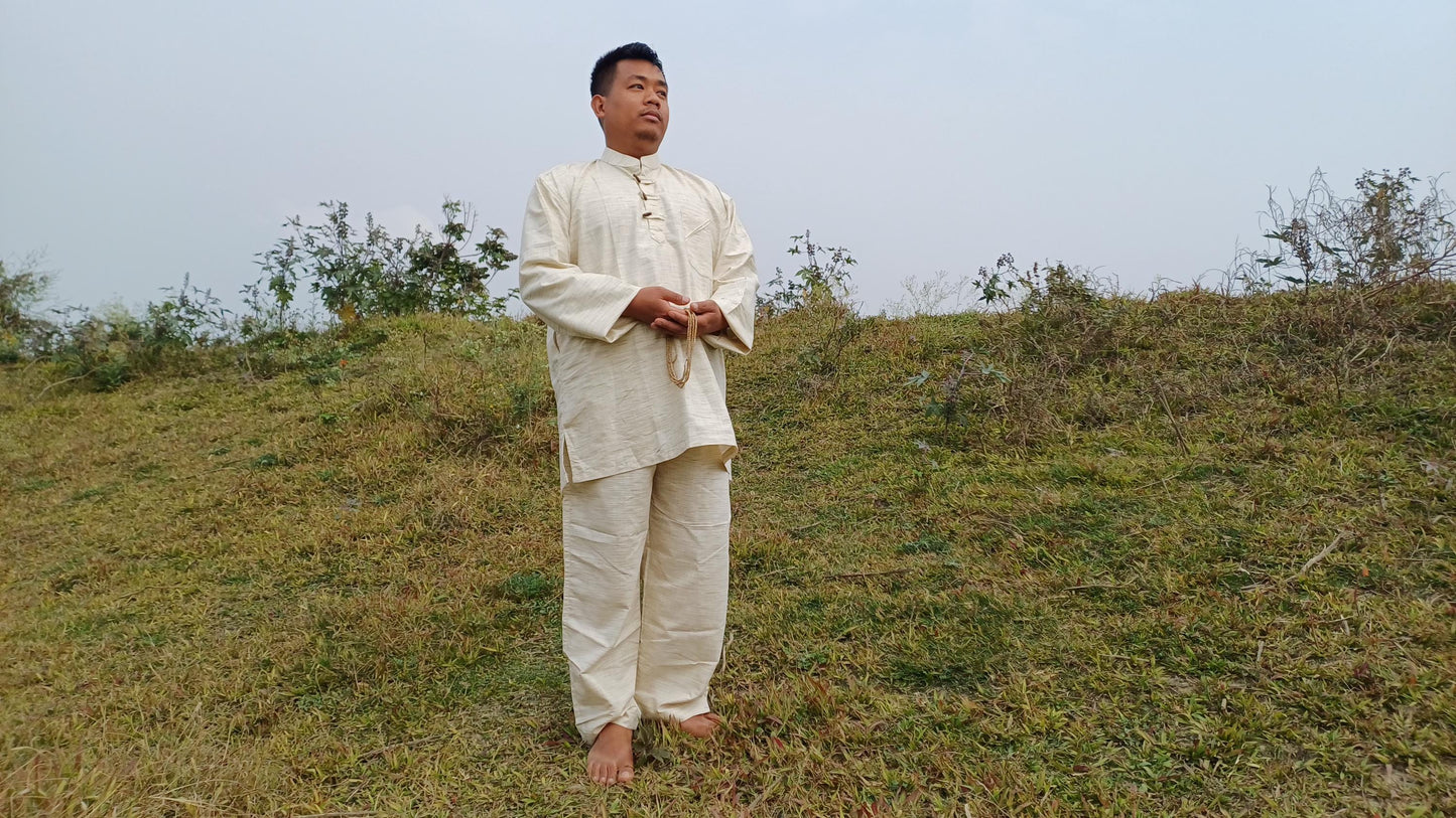 Custom- Made YOGI Men's Organic Indian Khadi Cotton YogaCloth Set,Natural Fabric Breathable Straight Kurta And Pyjama Meditation/Prayer Robe