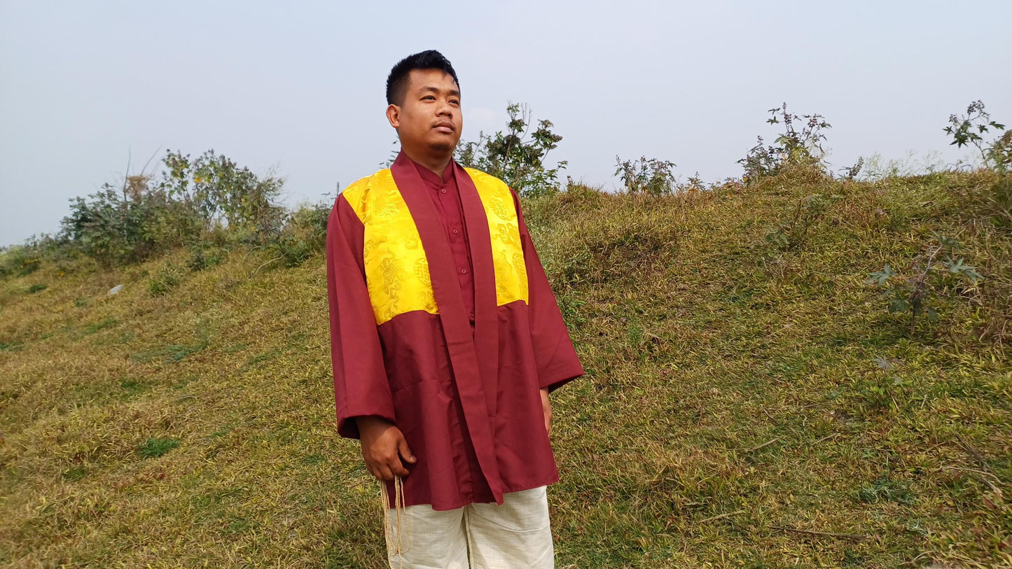 Custom-Made Tibetan Buddhist Monk Thick Cotton Brocade Meditation Jacket/Dhonka,Buddhist Monk Jacket,Monastry Style Spiritual Outerwear