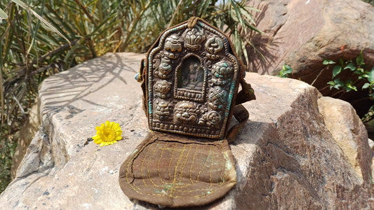 Antique PADMASAMBHAVA Tibetan Ghau Shrine,Pocket Tibetan Buddhist Altar,VintagePortable Travel Tibetan Repousse,CopperSilver Ghau Prayer Box