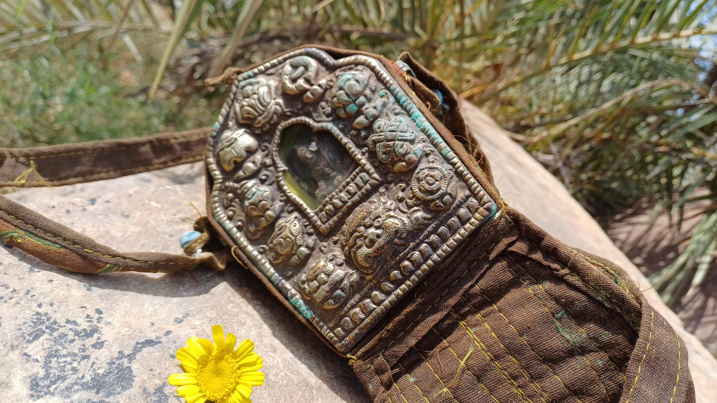 Antique PADMASAMBHAVA Tibetan Ghau Shrine,Pocket Tibetan Buddhist Altar,VintagePortable Travel Tibetan Repousse,CopperSilver Ghau Prayer Box