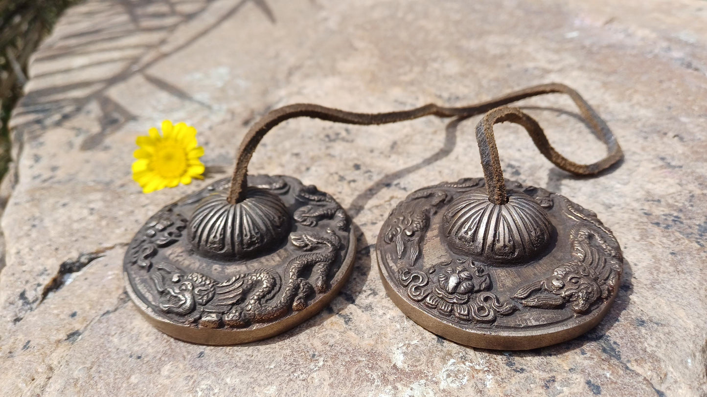 Vintage Rare Authentic Large Dragon Carved Tibetan Tingsha Bells,Handmade Tibetan Buddhist Ritual Cymbal,Yoga Meditation Sound Healing Tool
