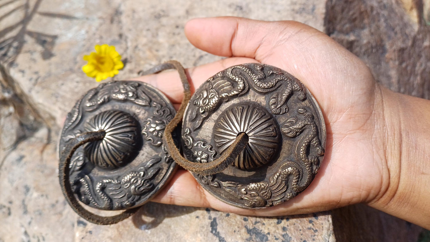 Vintage Rare Authentic Large Dragon Carved Tibetan Tingsha Bells,Handmade Tibetan Buddhist Ritual Cymbal,Yoga Meditation Sound Healing Tool