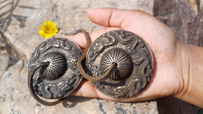 Vintage Rare Authentic Large Dragon Carved Tibetan Tingsha Bells,Handmade Tibetan Buddhist Ritual Cymbal,Yoga Meditation Sound Healing Tool