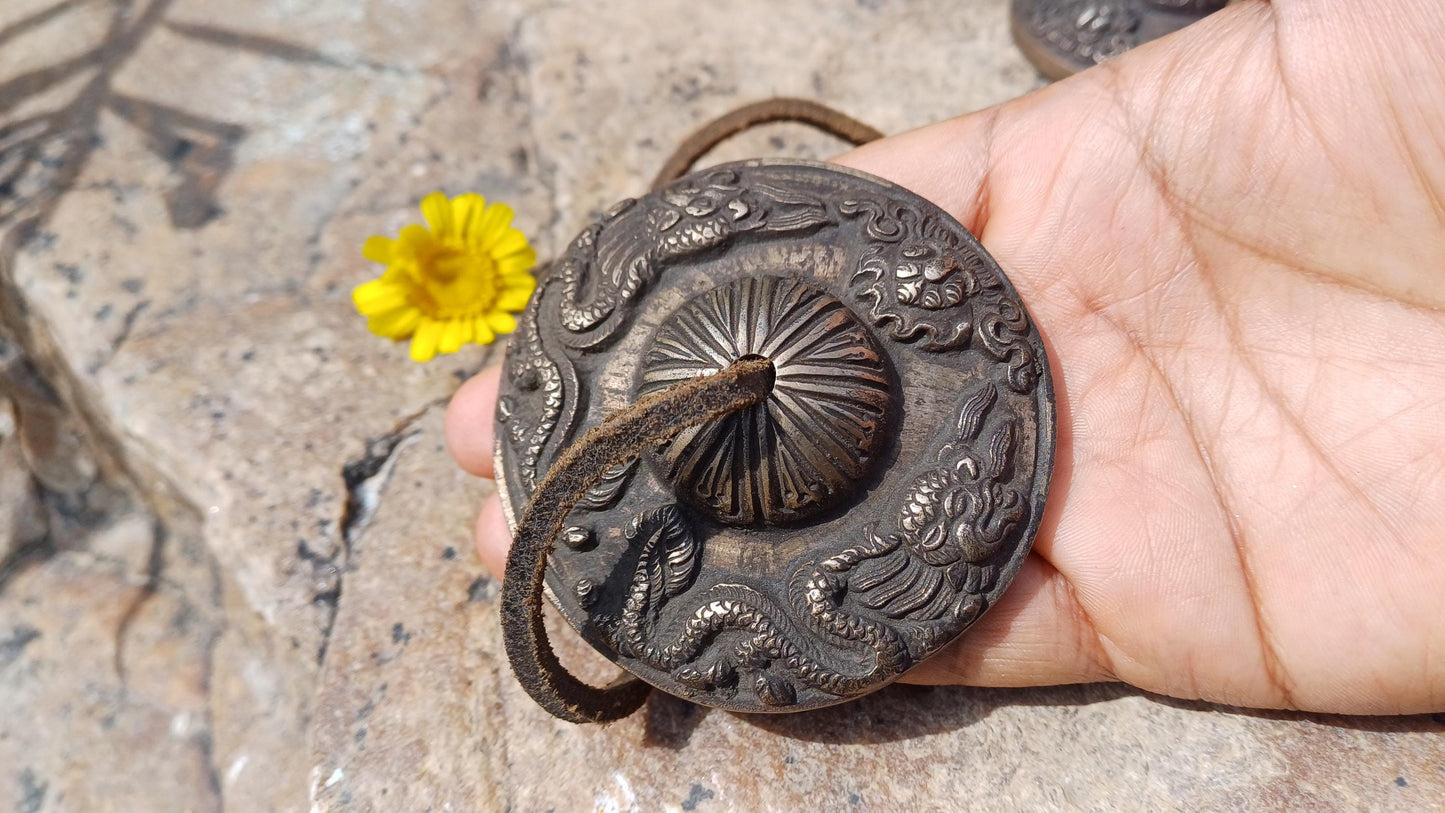 Vintage Rare Authentic Large Dragon Carved Tibetan Tingsha Bells,Handmade Tibetan Buddhist Ritual Cymbal,Yoga Meditation Sound Healing Tool