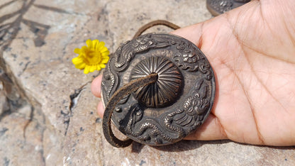 Vintage Rare Authentic Large Dragon Carved Tibetan Tingsha Bells,Handmade Tibetan Buddhist Ritual Cymbal,Yoga Meditation Sound Healing Tool