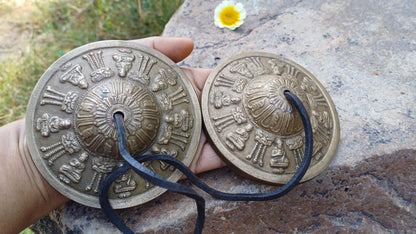 Vintage Rare Authentic Large Size Buddha Carved Tibetan Tingsha Bells,Handmade Tibetan Buddhist Ritual Cymbal,Yoga Sound Healing Tool
