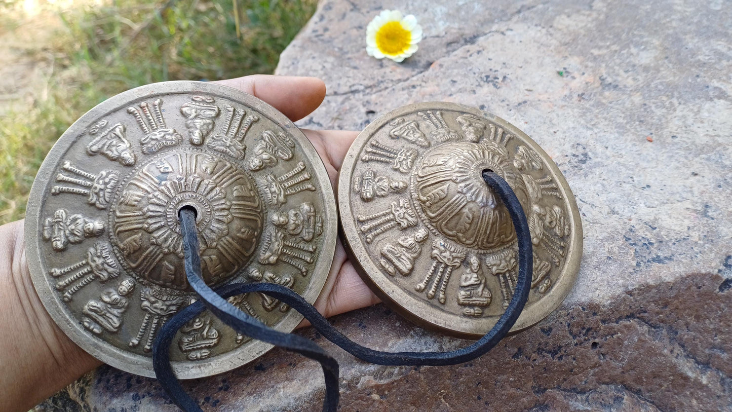 Vintage Rare Authentic Large Size Buddha Carved Tibetan Tingsha Bells,Handmade Tibetan Buddhist Ritual Cymbal,Yoga Sound Healing Tool