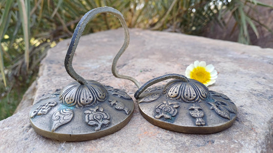 Vintage Rare Authentic 8 Auspicious Signs Carved Tibetan Tingsha Bell,Handmade Tibetan Buddhist Ritual Cymbal,Yoga Sound Healing Chimes/Tool