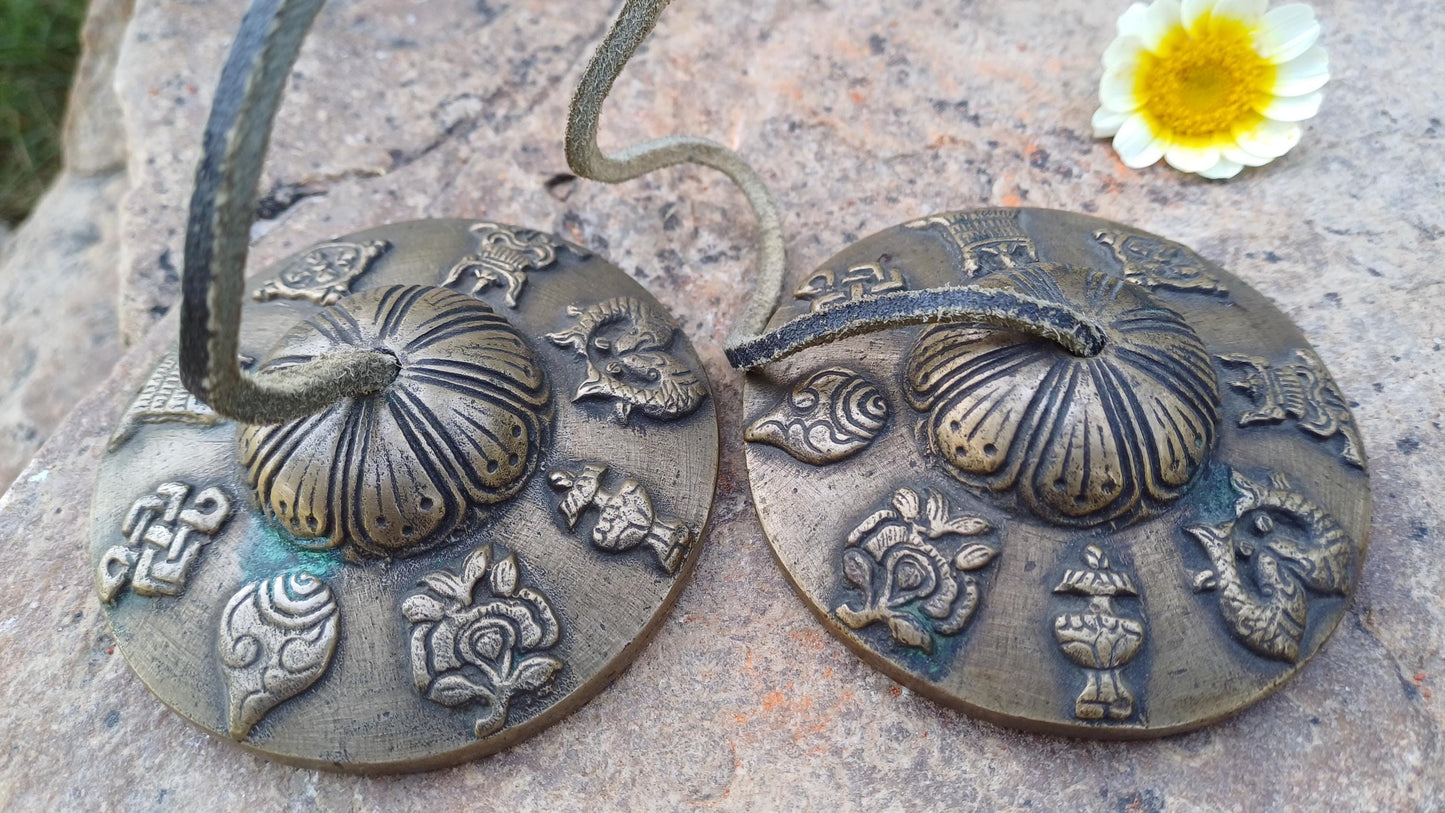 Vintage Rare Authentic 8 Auspicious Signs Carved Tibetan Tingsha Bell,Handmade Tibetan Buddhist Ritual Cymbal,Yoga Sound Healing Chimes/Tool