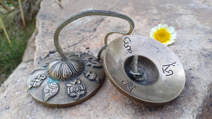 Vintage Rare Authentic 8 Auspicious Signs Carved Tibetan Tingsha Bell,Handmade Tibetan Buddhist Ritual Cymbal,Yoga Sound Healing Chimes/Tool