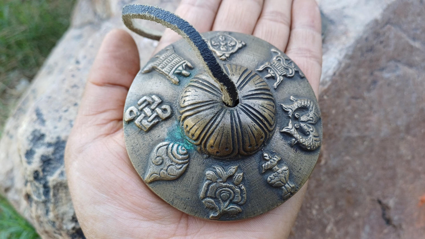 Vintage Rare Authentic 8 Auspicious Signs Carved Tibetan Tingsha Bell,Handmade Tibetan Buddhist Ritual Cymbal,Yoga Sound Healing Chimes/Tool