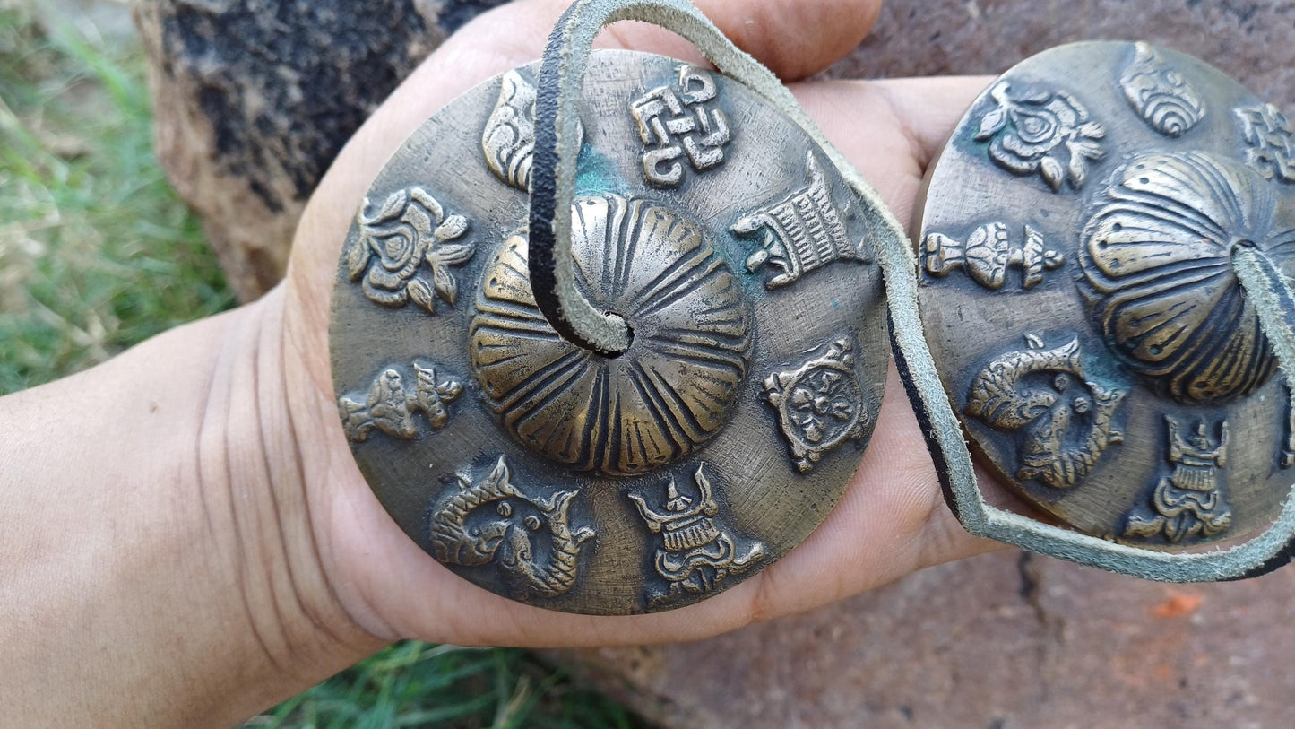 Vintage Rare Authentic 8 Auspicious Signs Carved Tibetan Tingsha Bell,Handmade Tibetan Buddhist Ritual Cymbal,Yoga Sound Healing Chimes/Tool