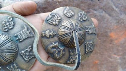 Vintage Rare Authentic 8 Auspicious Signs Carved Tibetan Tingsha Bell,Handmade Tibetan Buddhist Ritual Cymbal,Yoga Sound Healing Chimes/Tool