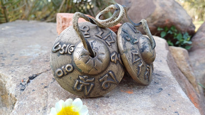Vintage Rare Authentic Tibetan Mantra Om Mani Carved Tibetan Tingsha Bells,Handmade Tibetan Buddhist Ritual Cymbal,Yoga Sound Healing Tool