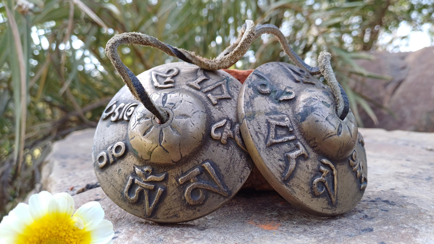 Vintage Rare Authentic Tibetan Mantra Om Mani Carved Tibetan Tingsha Bells,Handmade Tibetan Buddhist Ritual Cymbal,Yoga Sound Healing Tool