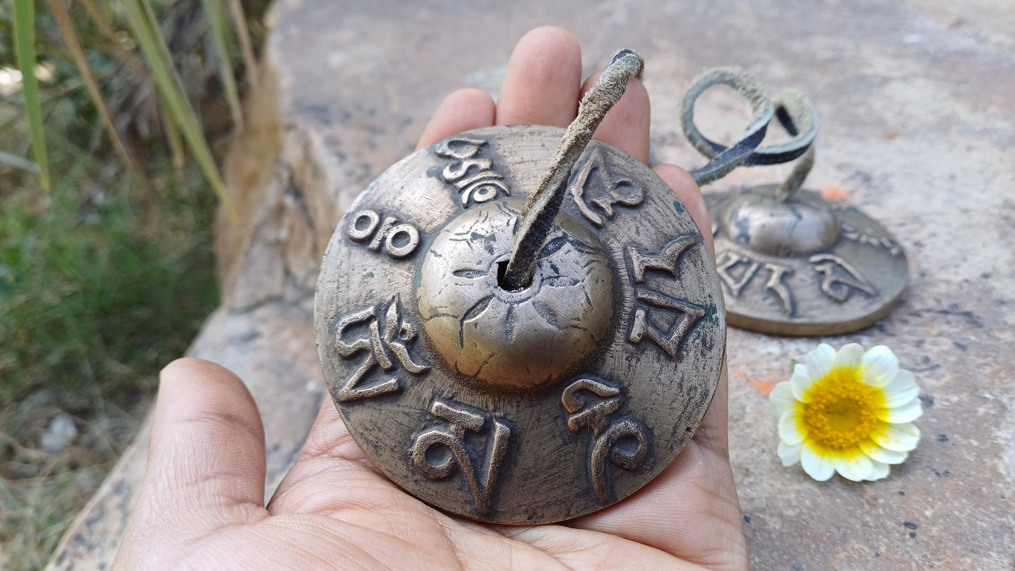 Vintage Rare Authentic Tibetan Mantra Om Mani Carved Tibetan Tingsha Bells,Handmade Tibetan Buddhist Ritual Cymbal,Yoga Sound Healing Tool
