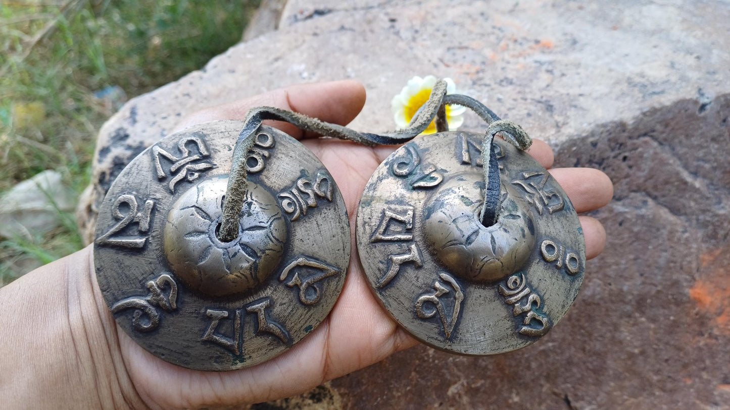 Vintage Rare Authentic Tibetan Mantra Om Mani Carved Tibetan Tingsha Bells,Handmade Tibetan Buddhist Ritual Cymbal,Yoga Sound Healing Tool
