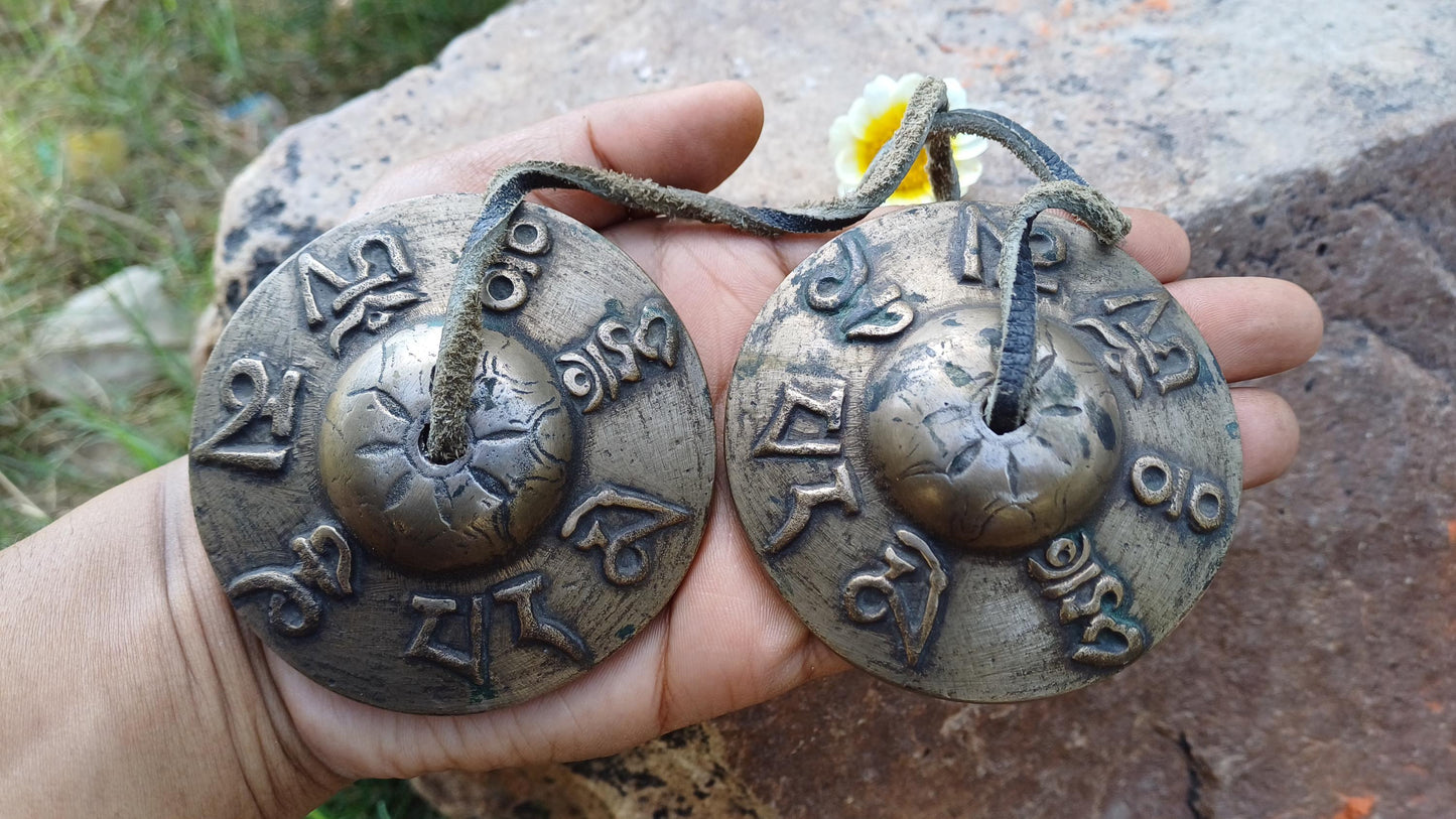 Vintage Rare Authentic Tibetan Mantra Om Mani Carved Tibetan Tingsha Bells,Handmade Tibetan Buddhist Ritual Cymbal,Yoga Sound Healing Tool