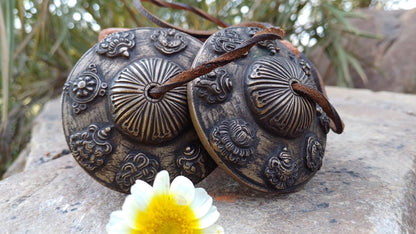 Vintage Rare Authentic Large 8 Auspicious Signs Carved Tibetan Tingsha Bells,Handmade Tibetan Buddhist Ritual Cymbal,Yoga Sound Healing Tool