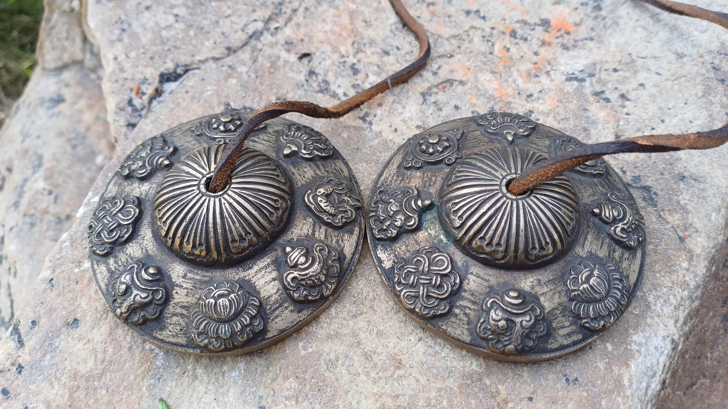 Vintage Rare Authentic Large 8 Auspicious Signs Carved Tibetan Tingsha Bells,Handmade Tibetan Buddhist Ritual Cymbal,Yoga Sound Healing Tool