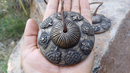 Vintage Rare Authentic Large 8 Auspicious Signs Carved Tibetan Tingsha Bells,Handmade Tibetan Buddhist Ritual Cymbal,Yoga Sound Healing Tool