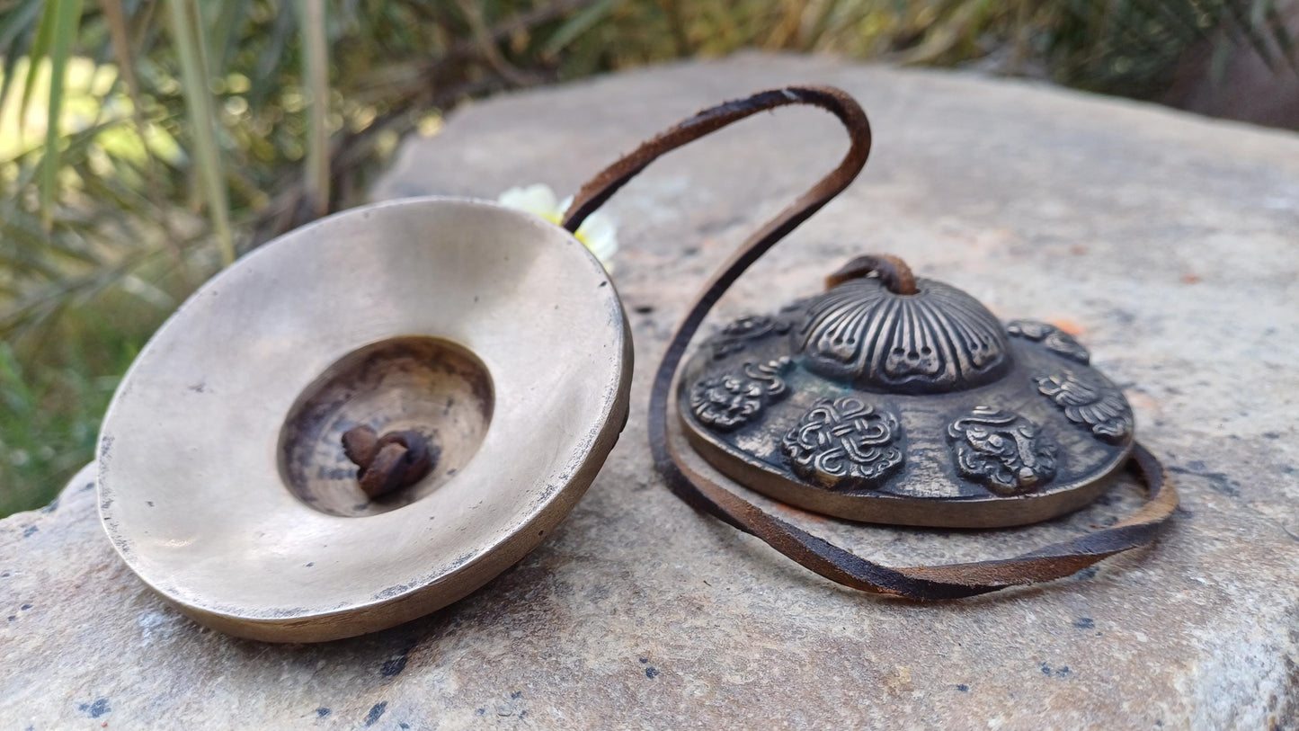 Vintage Rare Authentic Large 8 Auspicious Signs Carved Tibetan Tingsha Bells,Handmade Tibetan Buddhist Ritual Cymbal,Yoga Sound Healing Tool