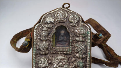 Antique AMITABHA BUDH Tibetan Ghau Shrine,Pocket Tibetan Buddhist Altar,VintagePortable Travel Tibetan Repousse,CopperSilver Ghau Prayer Box