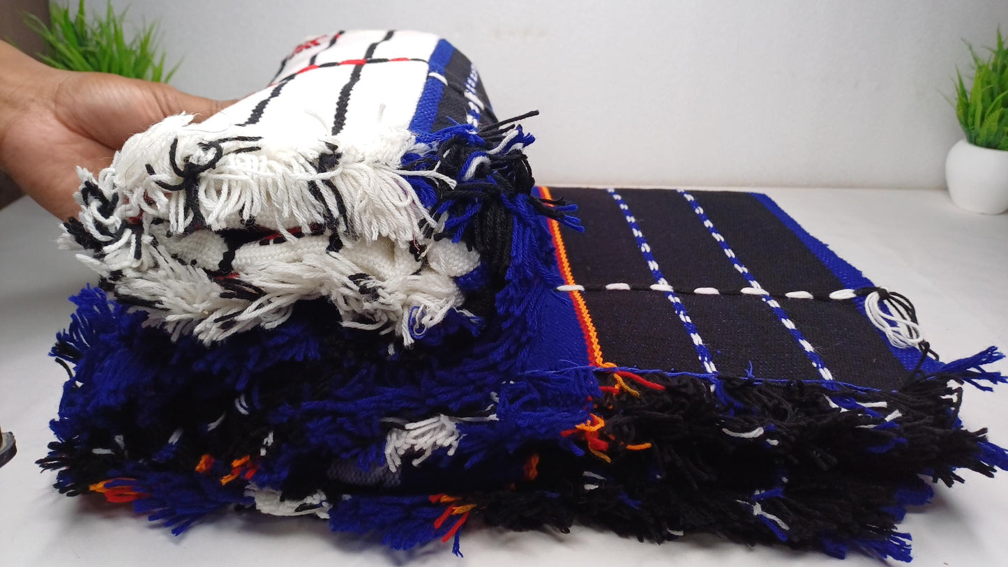 Large Thick Handwoven Black/Blue/White NagaTribe Traditional Blanket,Ethnic Sofa Throw,Native Indian Cloth,Naga Tribe Shawl,Tribal WallDecor