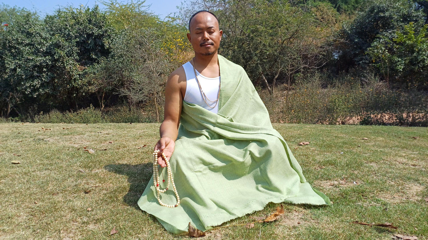 Handwoven Ethical Lime  Pure Himalayan Yak Wool Meditation Shawl,Yak Wool Prayer Scarf,Yak Wool Blanket,Ethnic Indian Yak Meditation Wrap