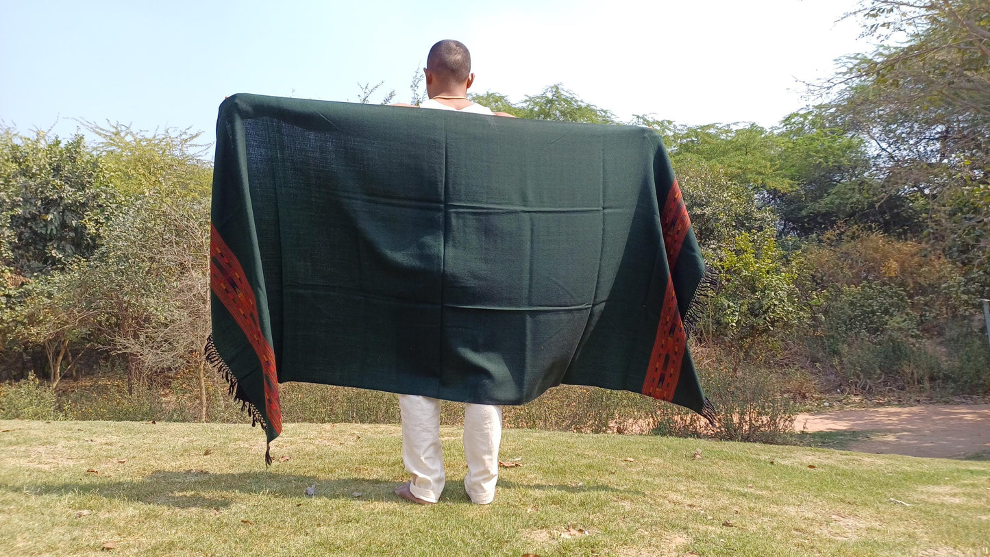 Handwoven Forest Green Pure Himalayan Sheep Wool Meditation Shawl,Himalayan Prayer Blanket,Kullu Shawl,Ethnic Indian Shawl,Wool Prayer Wrap