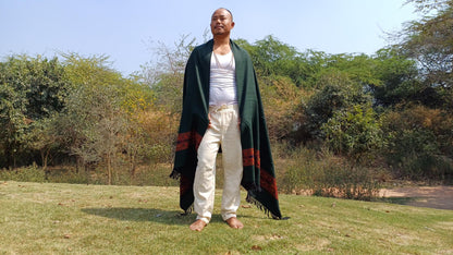 Handwoven Forest Green Pure Himalayan Sheep Wool Meditation Shawl,Himalayan Prayer Blanket,Kullu Shawl,Ethnic Indian Shawl,Wool Prayer Wrap