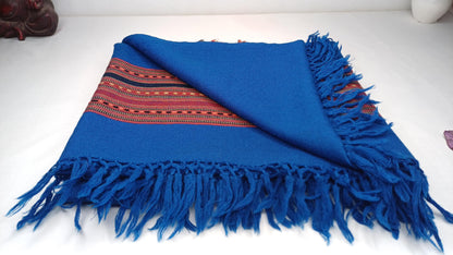 Blue Handwoven Himalayan Sheep Wool Meditation Shawl,Ethnic Indian Embroidered Stole,Kullu Shawl,Himalayan Woolen Wrap,Handmade Prayer Scarf