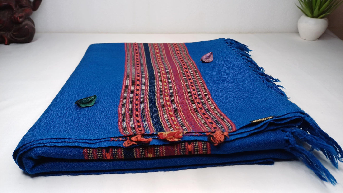 Blue Handwoven Himalayan Sheep Wool Meditation Shawl,Ethnic Indian Embroidered Stole,Kullu Shawl,Himalayan Woolen Wrap,Handmade Prayer Scarf