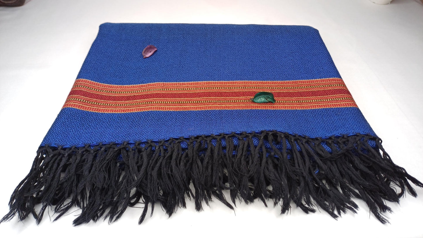 Blue Handwoven Pure Himalayan Sheep Wool Meditation Shawl,Ethnic Indian Embroidered Prayer Scarf,Himalayan Wool Wrap,Traditional Kullu Shawl