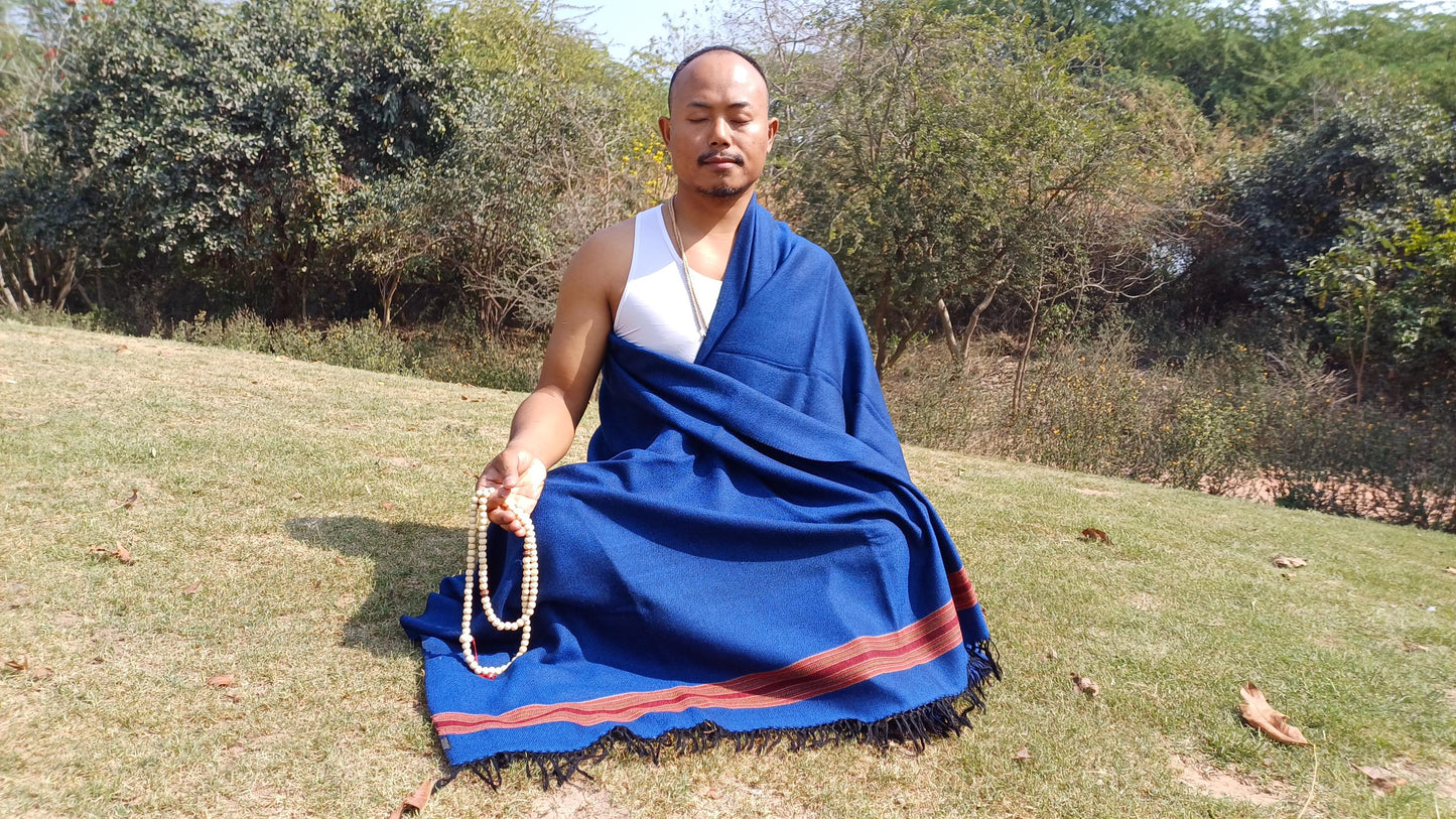 Blue Handwoven Pure Himalayan Sheep Wool Meditation Shawl,Ethnic Indian Embroidered Prayer Scarf,Himalayan Wool Wrap,Traditional Kullu Shawl