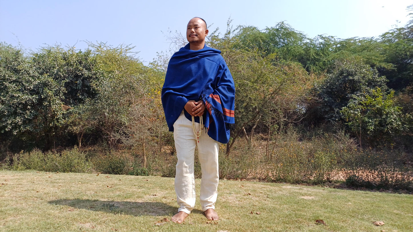 Blue Handwoven Pure Himalayan Sheep Wool Meditation Shawl,Ethnic Indian Embroidered Prayer Scarf,Himalayan Wool Wrap,Traditional Kullu Shawl