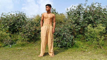 YOGI Men Indian Khadi Cotton Yoga Meditation Pant,Two Pocket Breathable Gym Straight Trouser,Flexible Drawstring Loose Boho Hippie Pant