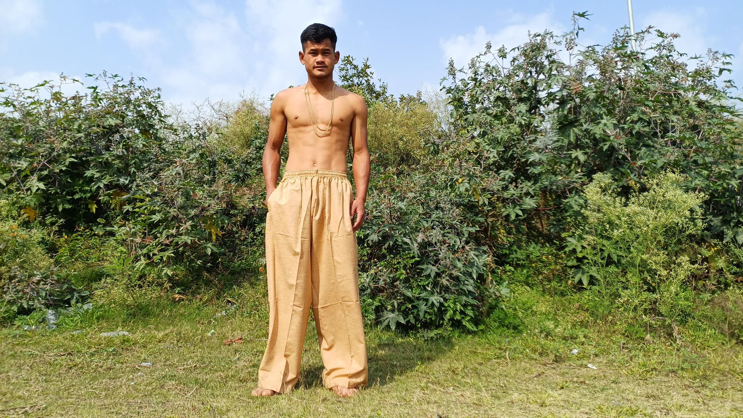 YOGI Men Indian Khadi Cotton Yoga Meditation Pant,Two Pocket Breathable Gym Straight Trouser,Flexible Drawstring Loose Boho Hippie Pant