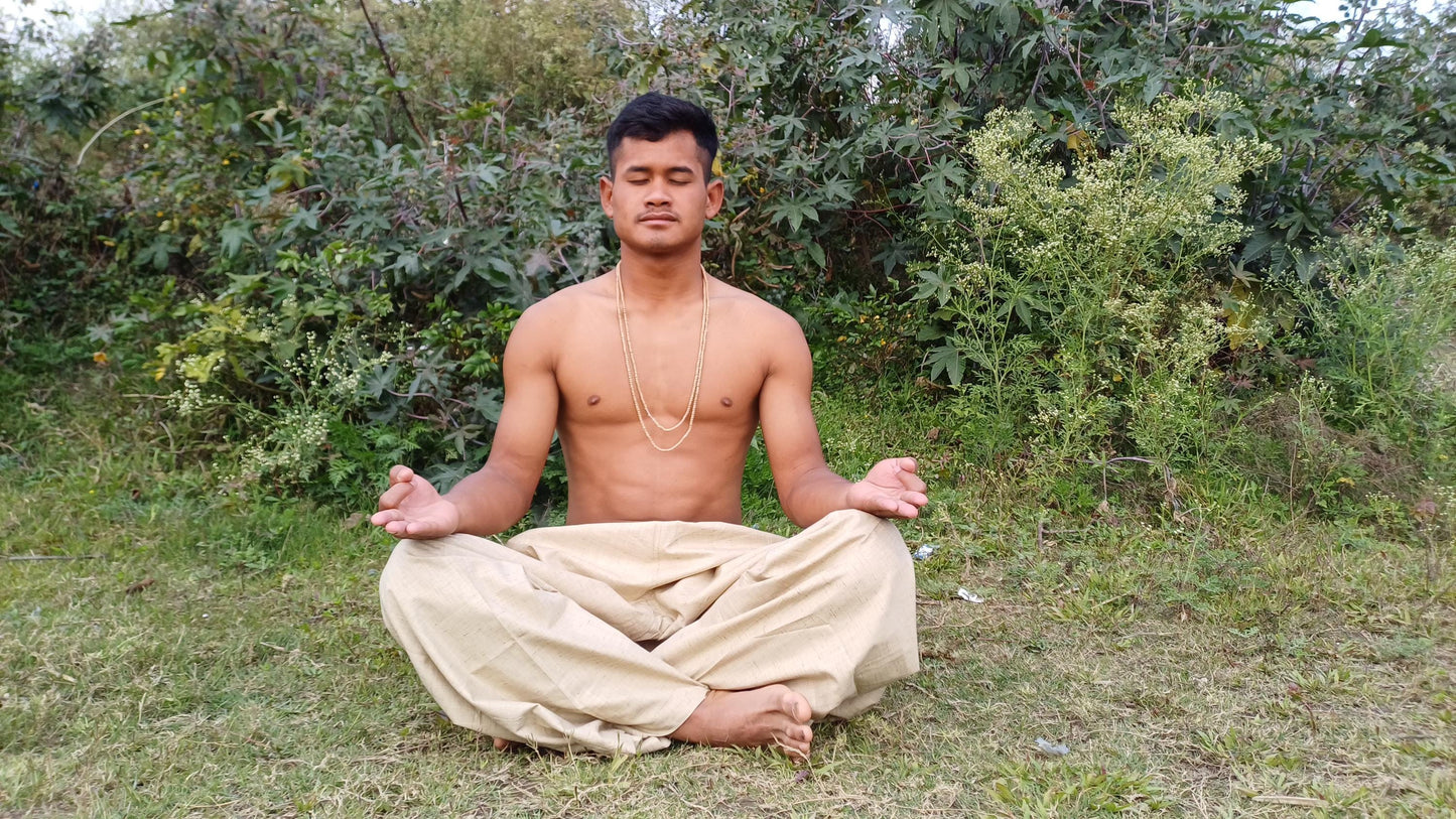 YOGI Mens Natural Indian Khadi Cotton Yoga Pants,Two Pockets Breathable Gym Straight Trousers,Flexible Drawstring Loose Boho Hippie Pant