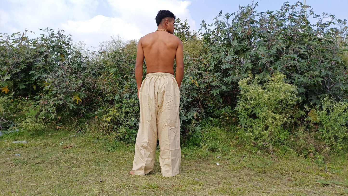 YOGI Mens Natural Indian Khadi Cotton Yoga Pants,Two Pockets Breathable Gym Straight Trousers,Flexible Drawstring Loose Boho Hippie Pant