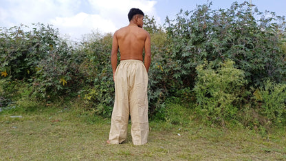 YOGI Mens Natural Indian Khadi Cotton Yoga Pants,Two Pockets Breathable Gym Straight Trousers,Flexible Drawstring Loose Boho Hippie Pant