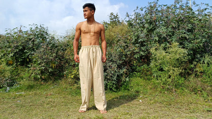 YOGI Mens Natural Indian Khadi Cotton Yoga Pants,Two Pockets Breathable Gym Straight Trousers,Flexible Drawstring Loose Boho Hippie Pant