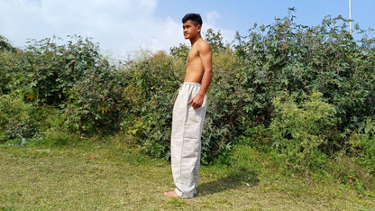 YOGI Mens Natural Indian Khadi Cotton Yoga Pants,Two Pockets Breathable Gym Straight Trousers,Flexible Drawstring Loose Boho Hippie Pant
