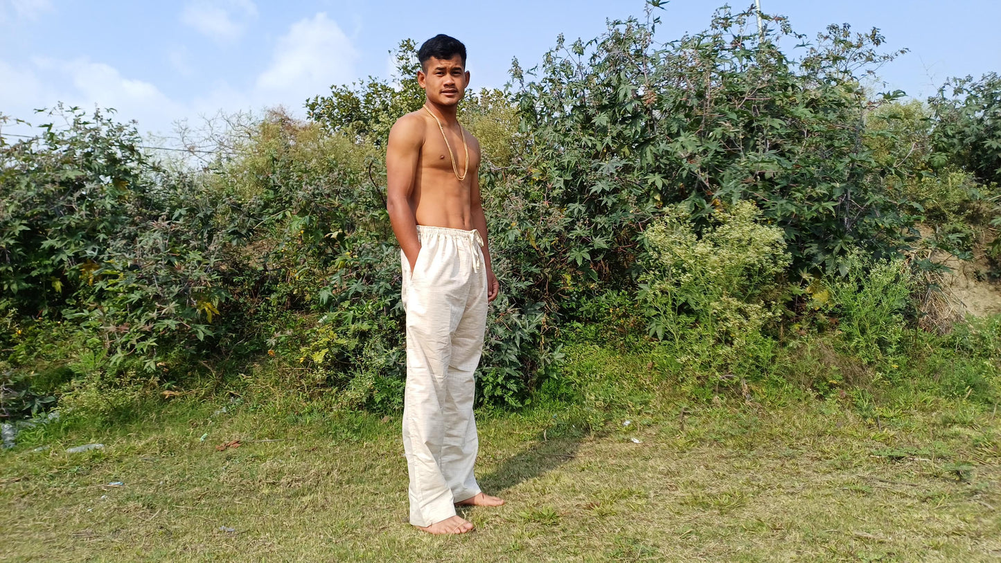 Custom-Made YOGI Men Natural Indian Khadi Cotton Yoga Pant,Breathable Pocket Gym Straight Trouser,Flexible Drawstring Loose Boho Hippie Pant