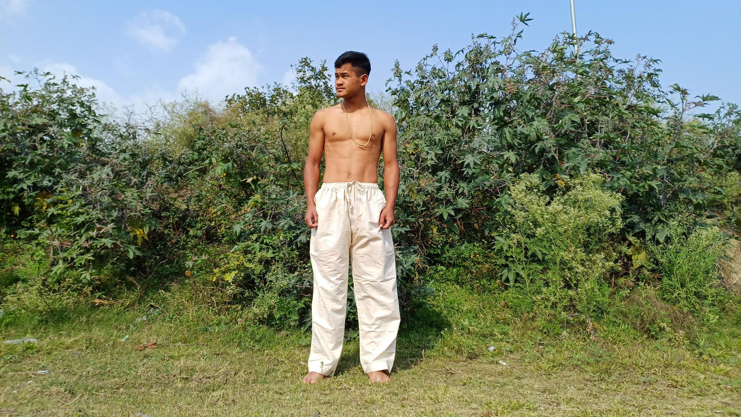 Custom-Made YOGI Men Natural Indian Khadi Cotton Yoga Pant,Breathable Pocket Gym Straight Trouser,Flexible Drawstring Loose Boho Hippie Pant