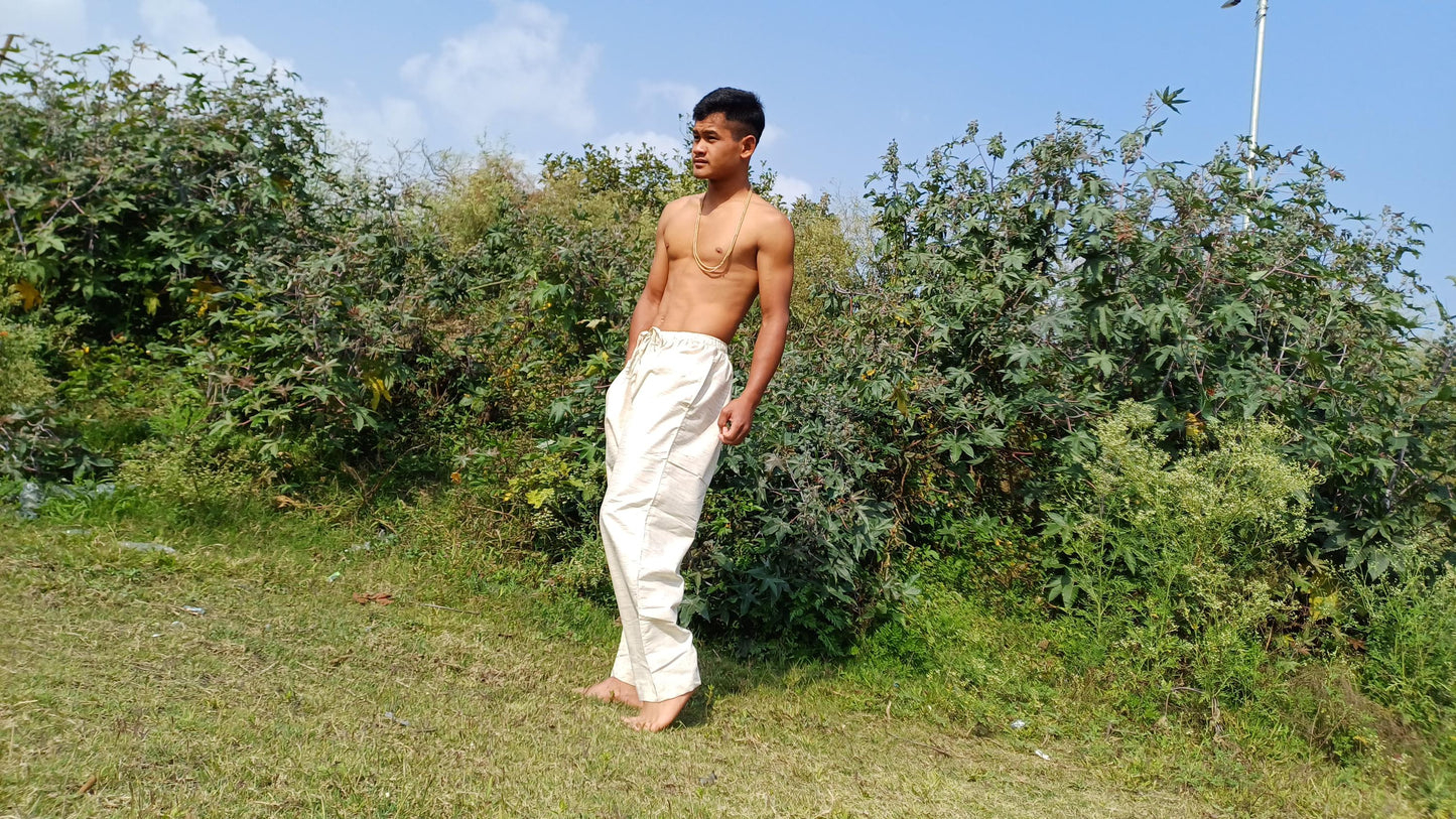Custom-Made YOGI Men Natural Indian Khadi Cotton Yoga Pant,Breathable Pocket Gym Straight Trouser,Flexible Drawstring Loose Boho Hippie Pant