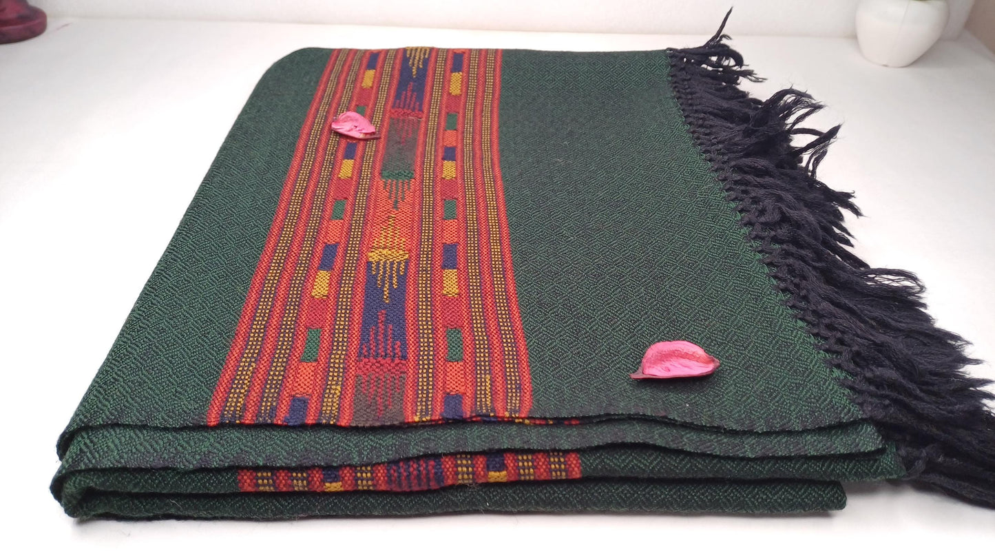 Handwoven Forest Green Pure Himalayan Sheep Wool Meditation Shawl,Himalayan Prayer Blanket,Kullu Shawl,Ethnic Indian Shawl,Wool Prayer Wrap