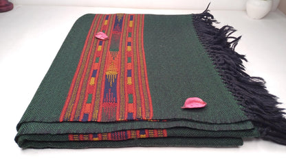 Handwoven Forest Green Pure Himalayan Sheep Wool Meditation Shawl,Himalayan Prayer Blanket,Kullu Shawl,Ethnic Indian Shawl,Wool Prayer Wrap